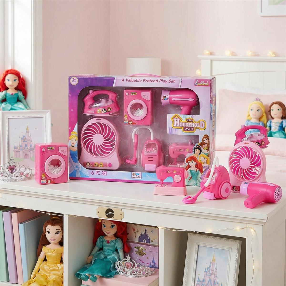 Disney Princess 6-Piece Household Role Play Toy Set - Interactive Washing Machine, Vacuum, Sewing Machine & Accessories with Lights - Educational Pretend Play Kit for Kids Ages 3+