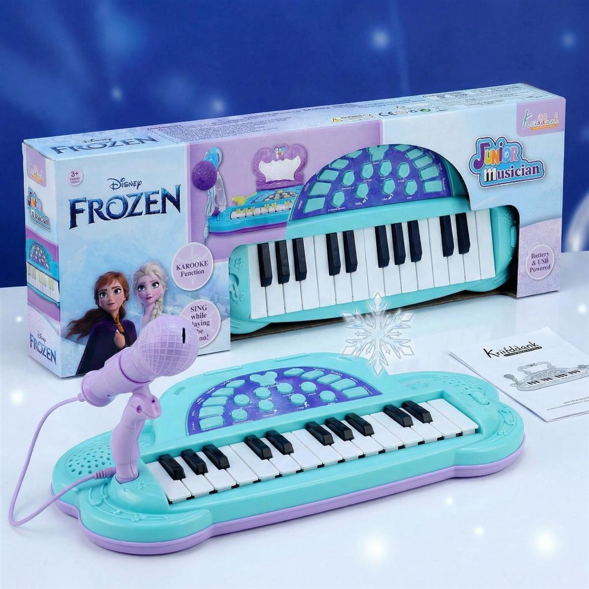 Frozen Junior Musician Elsa-Anna Music Set - Kids Piano with Microphone, Karaoke Function, 25 Songs & 5 Percussion Instruments, Dual Power (USB/Battery), Educational Toy for Girls Ages 3+, Blue