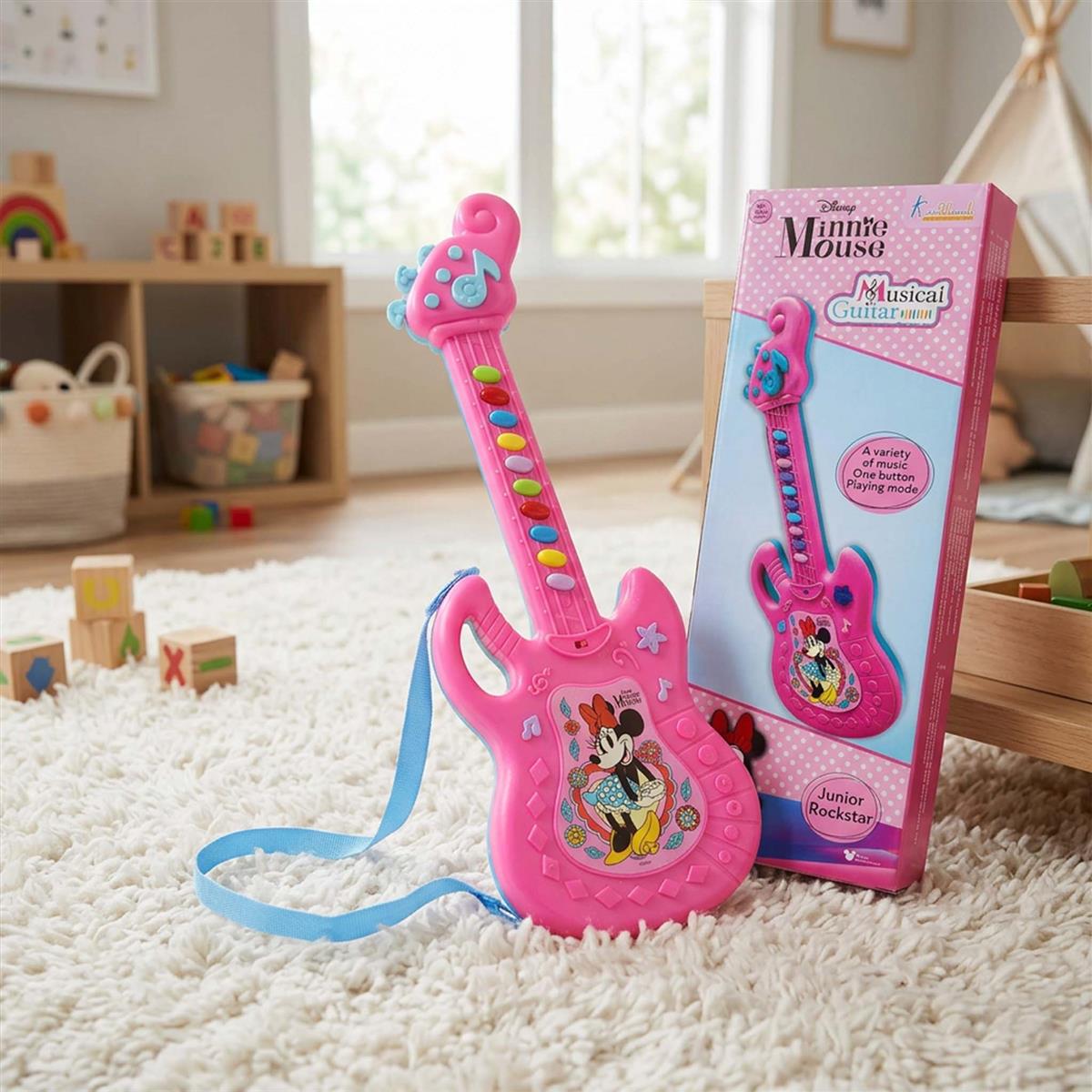 Minnie Musical Guitar for Toddlers - Pink Sing-Along Karaoke Junior Music Toy with Inbuilt Tones & Lights - Educational Role Play Rockstar Guitar Gift for Kids 3+ Years Old
