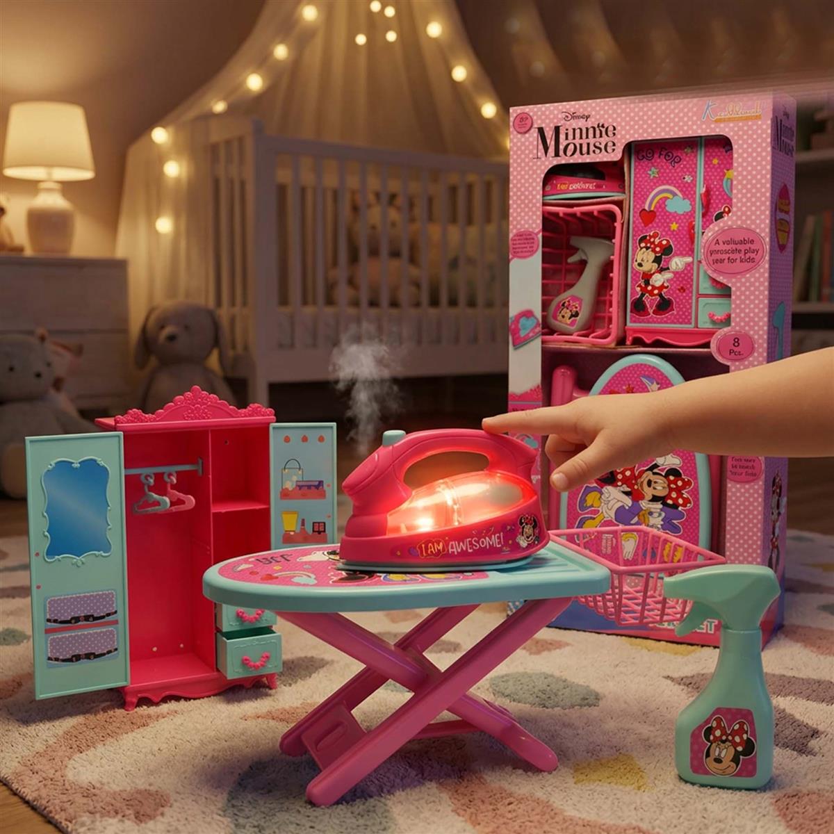 Minnie Mouse Iron Playset for Kids - 8 Piece Portable Ironing Stand & Cupboard Set with Lights & Sounds - Pink Pretend Play Household Toy with Water Spray, Basket & Hanger for Girls Age 3+