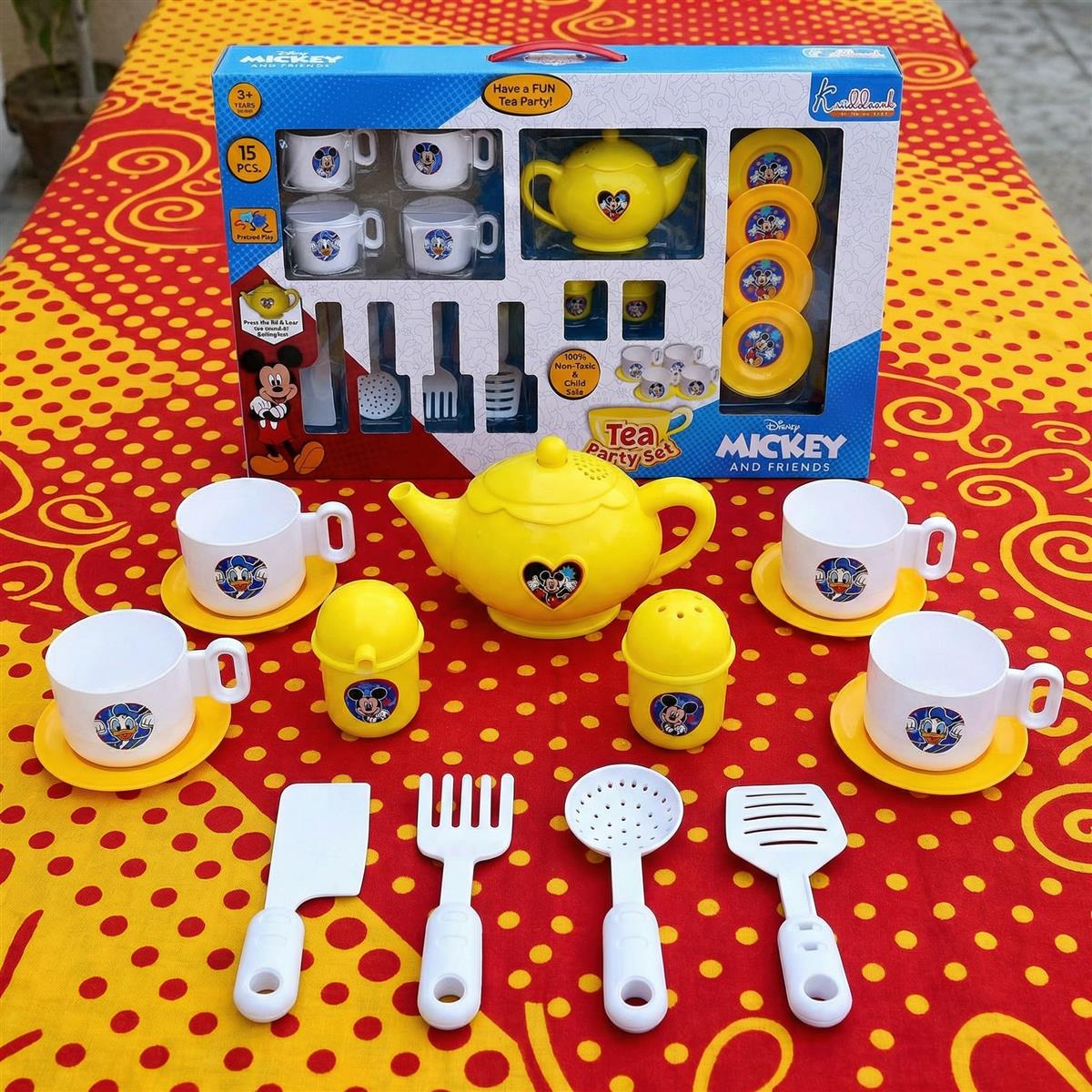 Disney Mickey Tea Party Set for Kids - 15 Pcs Pretend Play Kitchen Toy with Electronic Kettle, Realistic Boiling Sounds & Lights - Safe & Durable Tea Set with Cups & Saucers for Ages 3+