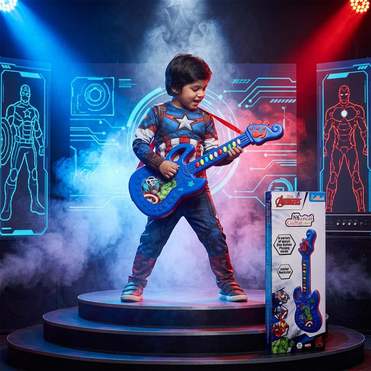 Marvel Avengers Theme Musical Guitar for Kids - Superhero Electric Toy with Lights & Sound, Battery Operated Junior Rockstar Guitar, Red Musical Instrument for Boys & Girls Age 3+ Years