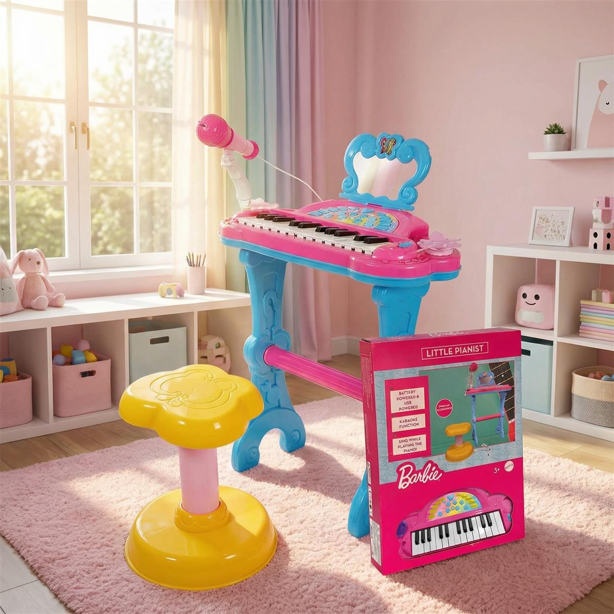 Mattel Barbie Theme Little Pianist Keyboard with Microphone & Stool - Dual Power (USB/Battery), Karaoke Mode, 25 Inbuilt Tunes - Pink Musical Toy for Girls 3+ Years