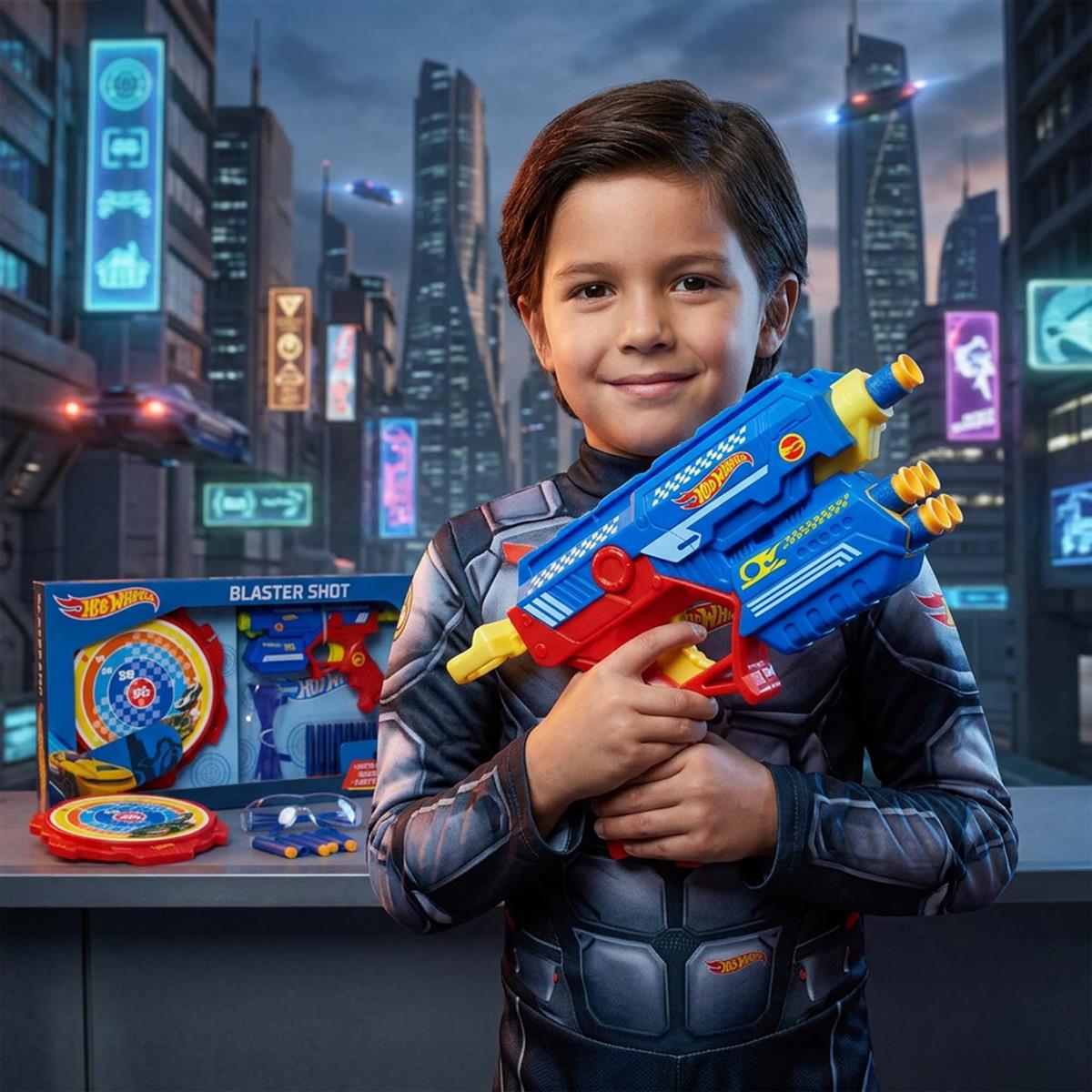 Hot Wheels Blaster Gun Toy for Kids - Soft Bullet Foam Blaster with 10 Darts, Target Board & Safety Glasses - Action Shooting Game Toy for Boys & Girls Age 4+ (Blue)