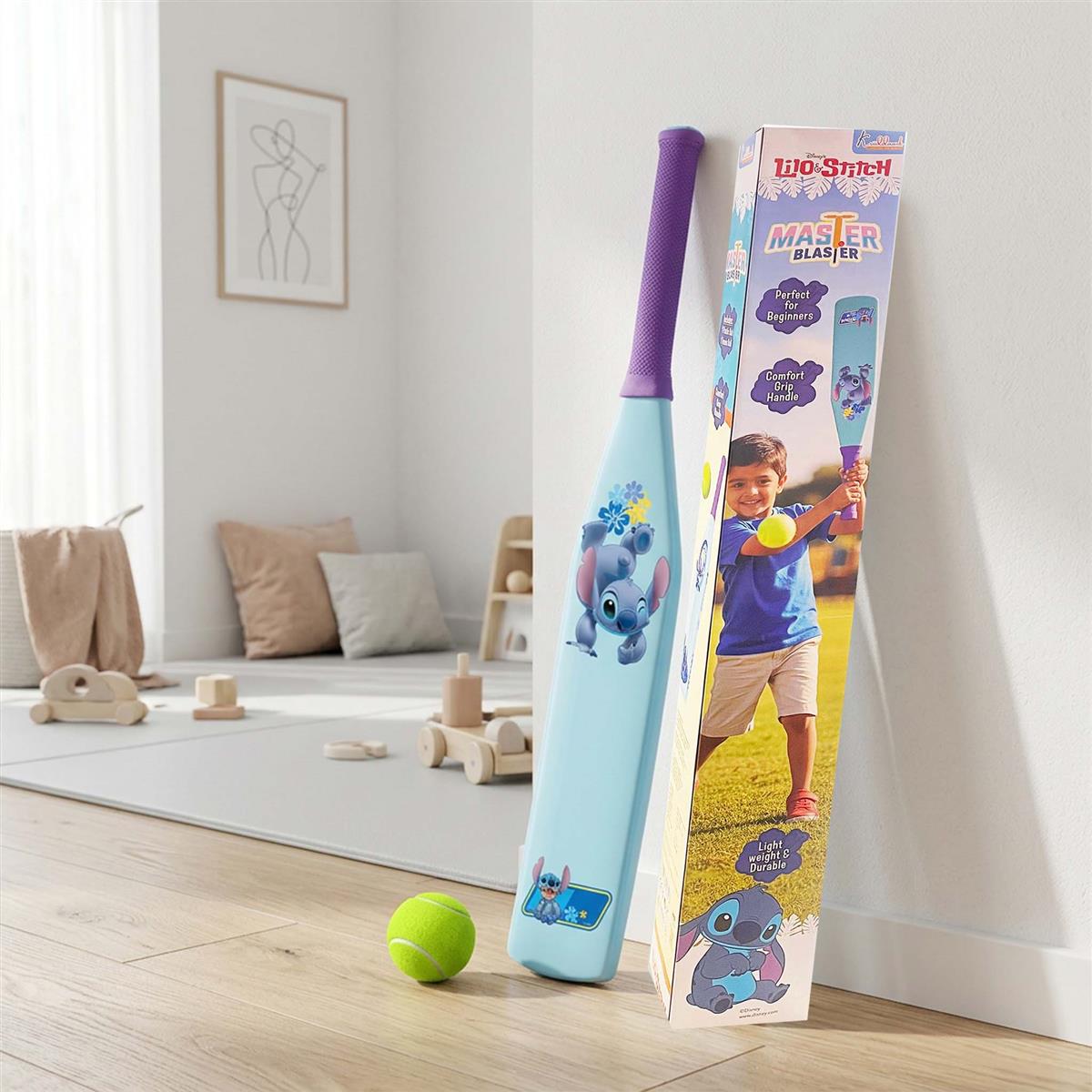 Kriiddaank Stitch Master Blaster Cricket Bat & Ball Set - Stitch Theme Lightweight Plastic Bat with Graphics for Kids, Boys & Girls Aged 3+ Years - Perfect for Indoor & Outdoor Play