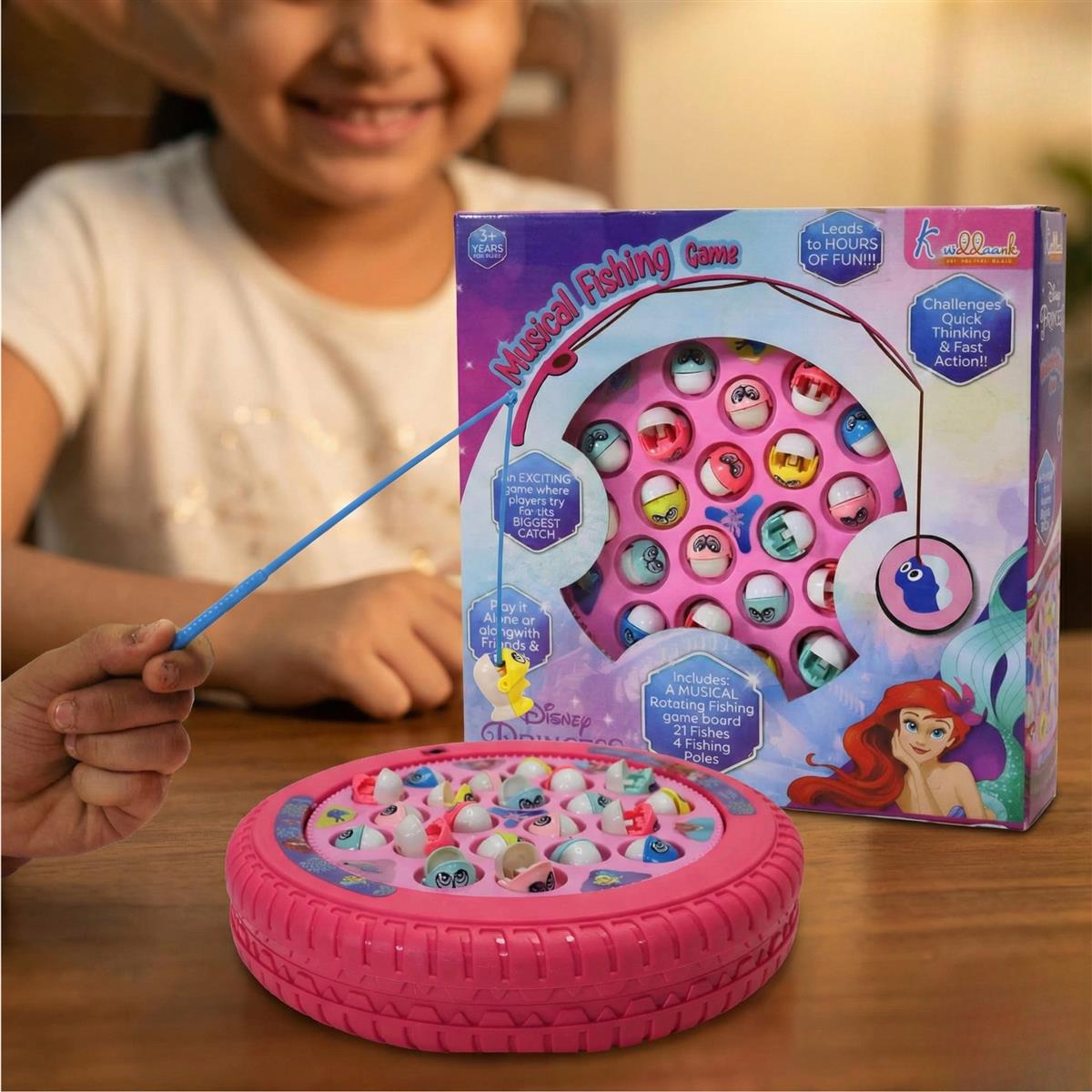 Princess Musical Fishing Game - Rotating Underwater Adventure Board with Music & 21 Fishes | 4 Fishing Poles | Pink Battery-Operated Educational Toy for Kids Aged 3+ Years