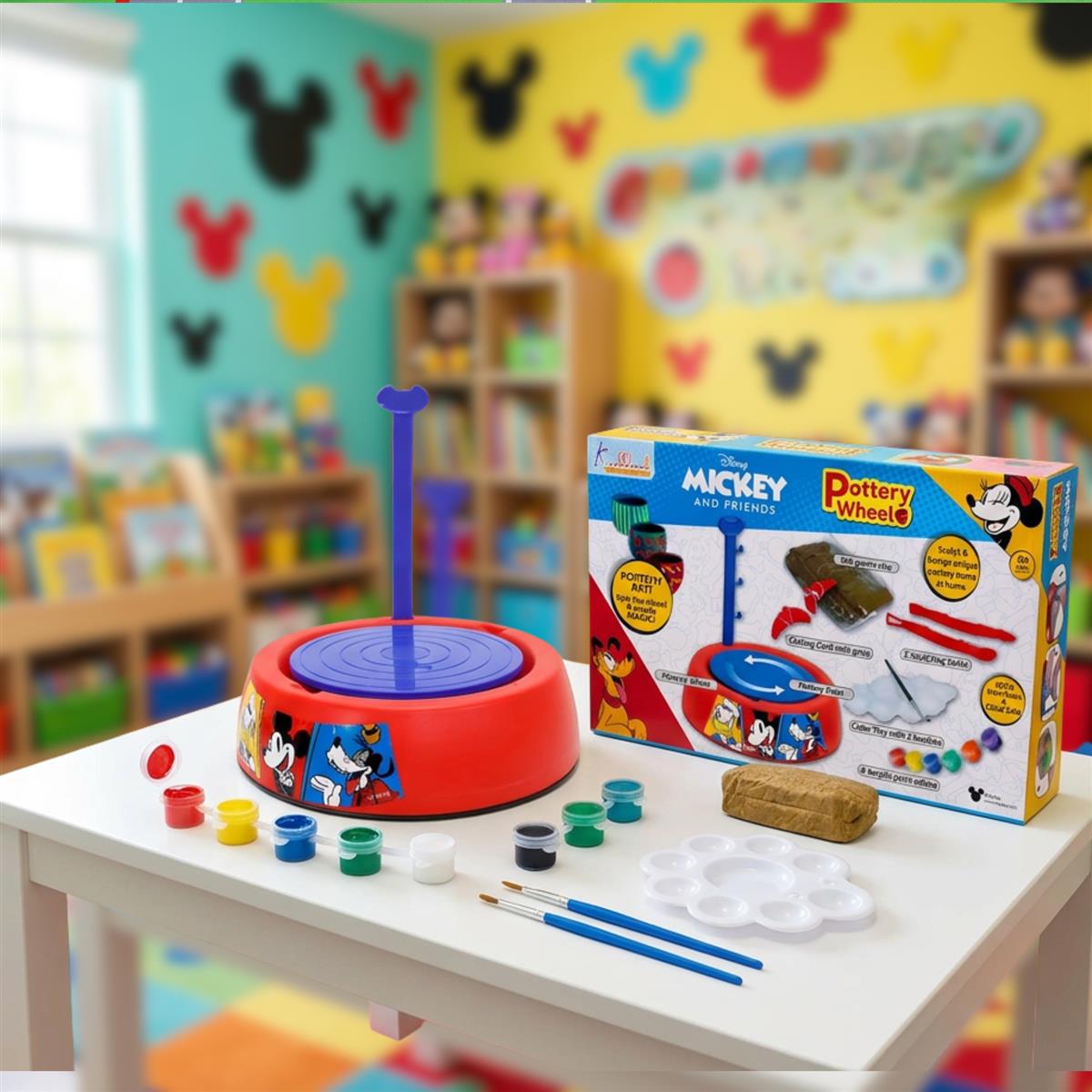 Disney Mickey Mouse Pottery Wheel Modeling Set - Complete Arts & Crafts Clay Sculpting Kit with 800g Clay, Paints & Tools - Educational DIY Gift for Boys & Girls 8+ Years - Battery Operated