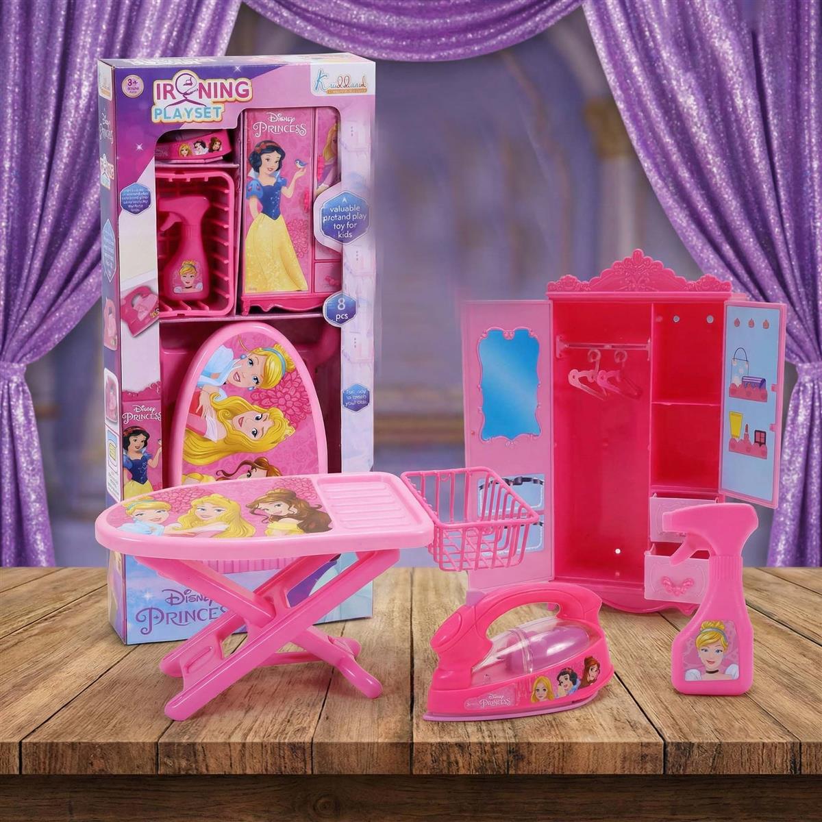 Disney Princess Iron Playset for Girls â€“ 8-Piece Pretend Play Laundry & Ironing Set with Realistic Light & Sound â€“ Includes Ironing Board, Basket, & Hangers â€“ Educational Toy for Kids Age 3+
