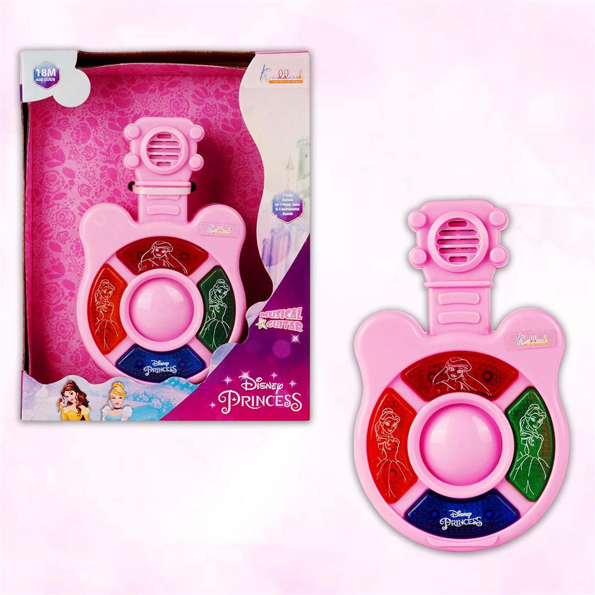 Disney Princess Mini Music Guitar for Kids - Portable Musical Instrument with 4 Buttons, Effective Sounds & Lights - Battery Operated Educational Toy for Toddlers & Girls 3+ Years Old - Pink