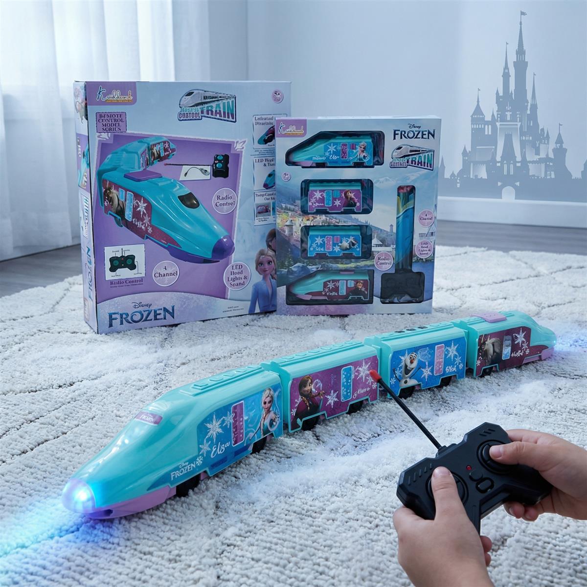 Kriiddaank Frozen Theme Remote Control Train Toy for Kids, Rechargeable EMU Express Train with LED Lights and Realistic Sounds, Turquoise Railway Toy for Boys and Girls Ages 3+