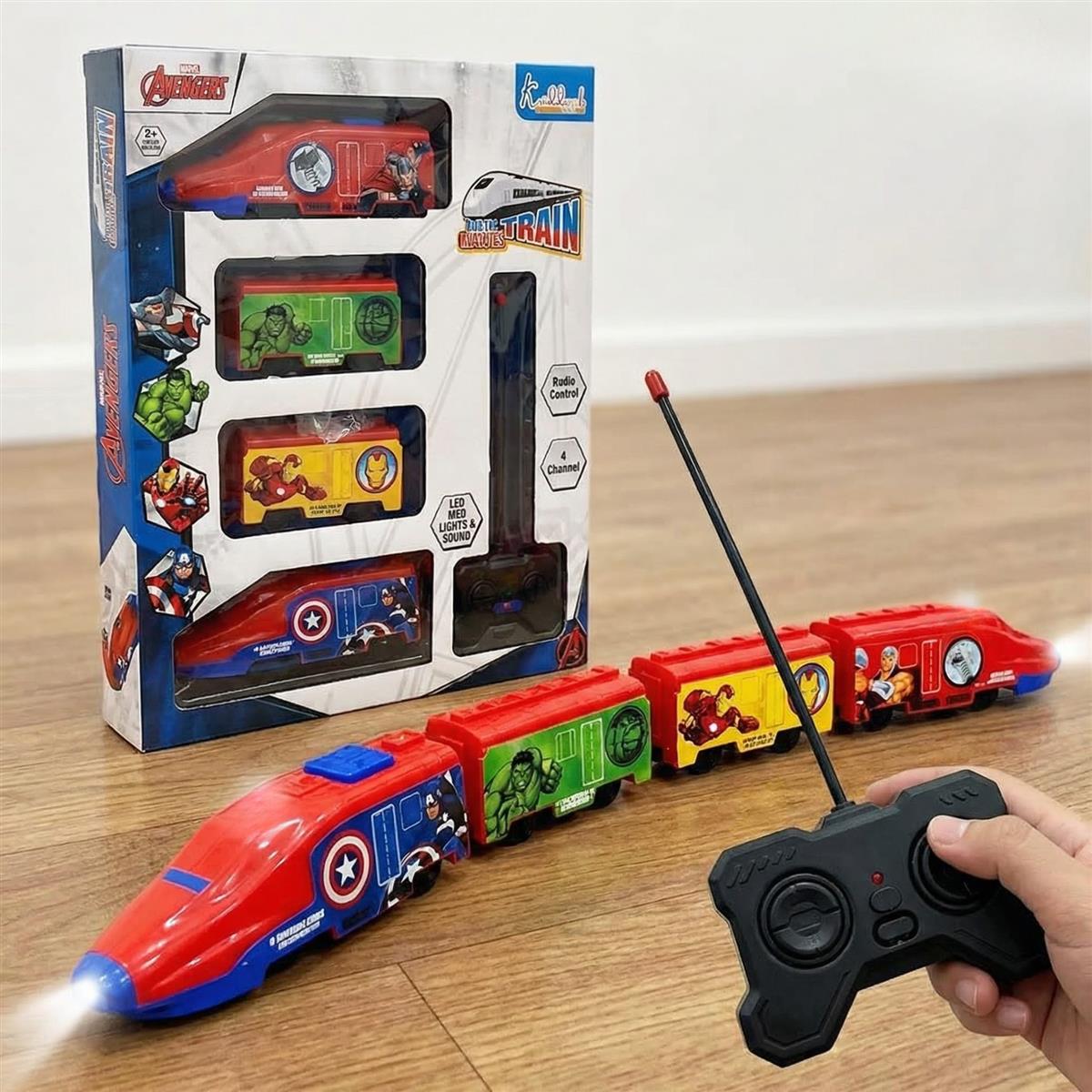 Kriiddaank Avengers Theme RC Train Toy for Kids - Rechargeable Remote Control EMU Express Train with LED Lights & Sound Effects, Superhero Railway Set for Boys & Girls 3+ Years (Blue)