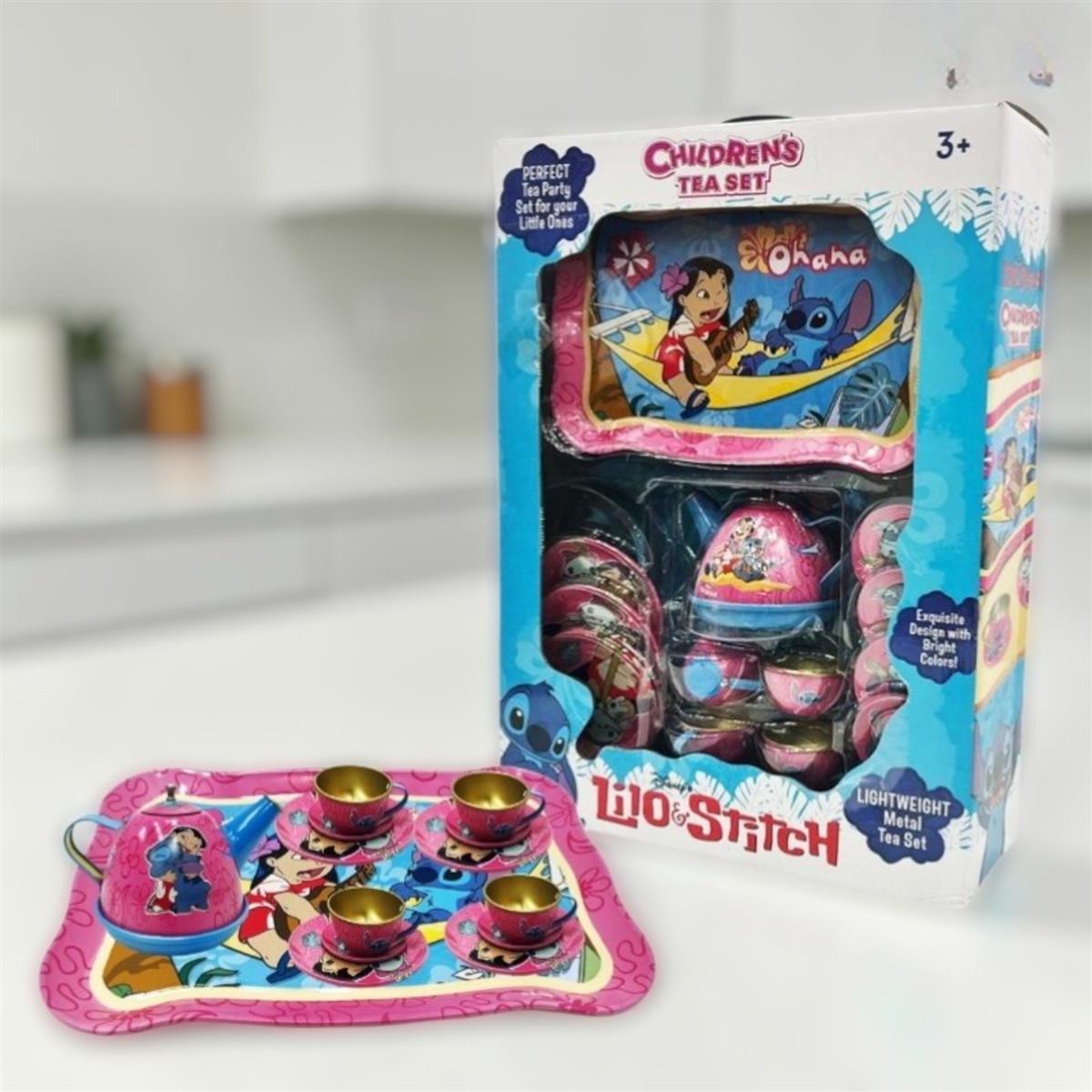 Stitch Kids Metal Tea Set - 14-Piece Pretend Play Tea Party Set with Teapot, Cups, Saucers & Serving Tray - Durable Tin Toys for Boys & Girls Ages 3+ Years - Perfect Gift for Stitch Fans
