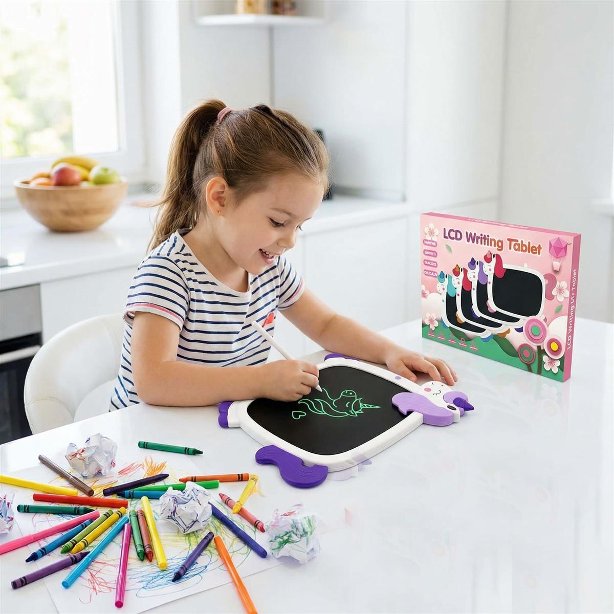 Kriiddaank 8.9" Unicorn LCD Writing Tablet for Kids, Electronic Magic Drawing Pad, Portable Doodle Board & Educational Toy, Birthday Gift for Boys & Girls Ages 3-12, White