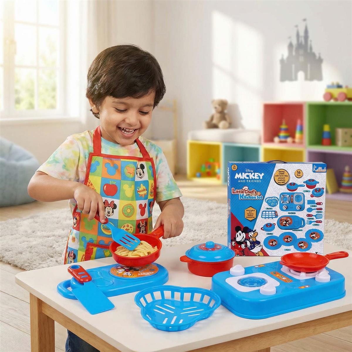 Kriiddaank Mickey Mouse Little Chef's Kitchen Set - 16 Pcs Pretend Play Cooking Set with Lights & Sounds, Portable Electric Stove Playset for Kids Aged 3+ Years