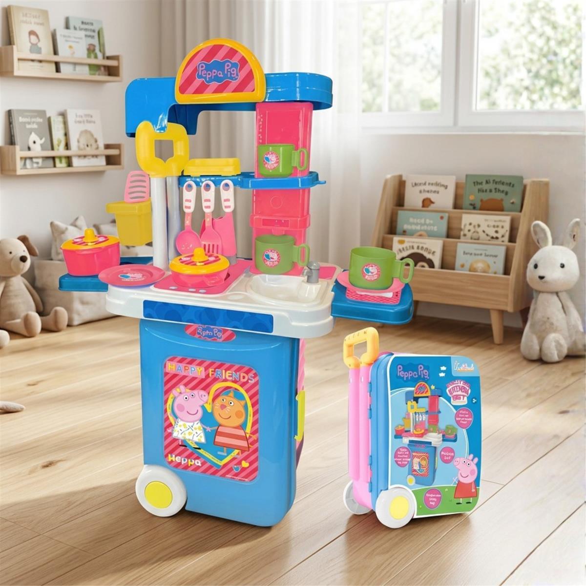 Kriiddaank Peppa Pig Kitchen Set for Girls - 2-in-1 Portable Trolley & Chef Playset with 20+ Accessories, Music & Lights - Educational Pretend Play Cooking Toy for Kids 3+ Years (Pink)