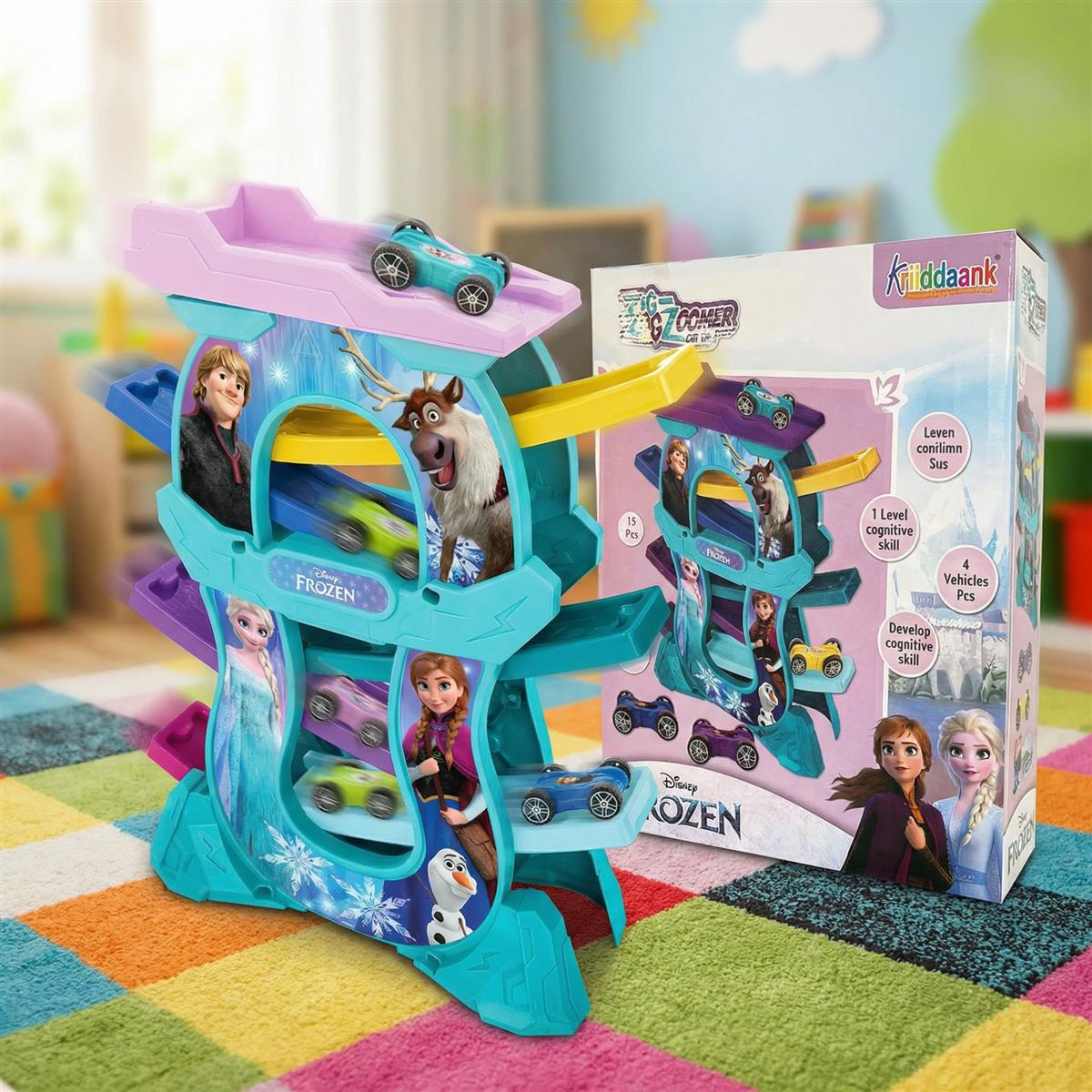 Frozen Zig Zag Zoomer Ramp Racer Car Track for Toddlers - 6-Level Lever Race Track with 4 Mini Vehicles - Educational Building Set for Kids 3+ - Non-Toxic & Safe (15 Pieces)