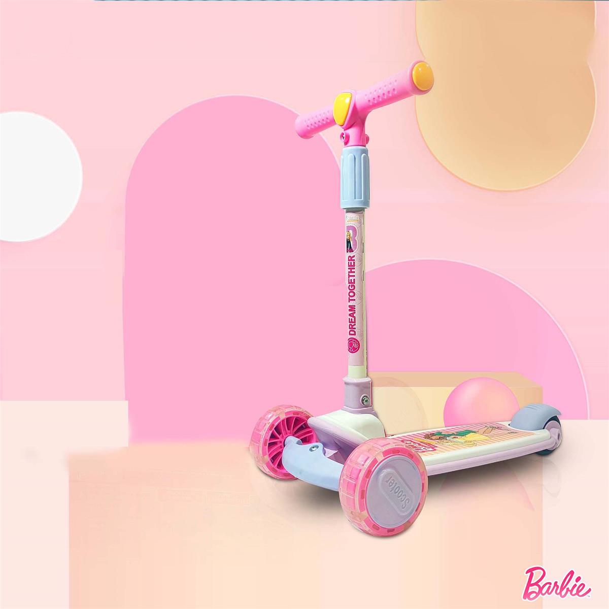 Kriiddaank Barbie Adventure Rider Kick Scooter for Kids - 3-Wheel with LED Light Up Wheels, 3-Level Adjustable Height & Easy Fold Design, Pink Skate Scooter for Girls Ages 3-12 Years (Up to 25Kg)