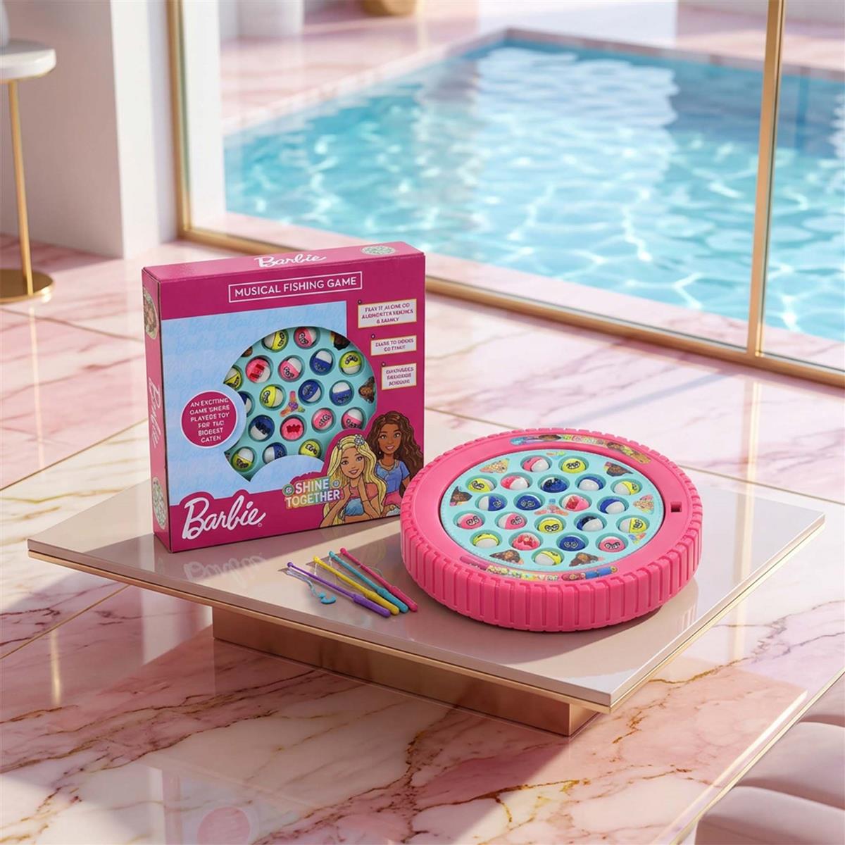 Barbie Musical Fishing Game - Rotating Underwater Adventure Toy for Kids 3+ - Includes 21 Fishes & 4 Fishing Poles - Battery Powered Interactive Pink Game for Girls, Motor Skill Development