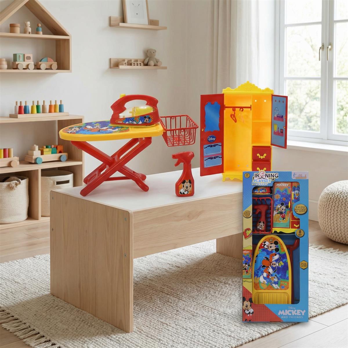 Disney Mickey Mouse Ironing Playset for Kids - 8-Piece Portable Toy Set with Light & Sound Iron, Ironing Stand, Cupboard, Water Spray & Basket - Fun Educational Pretend Play Gift for Ages 3+