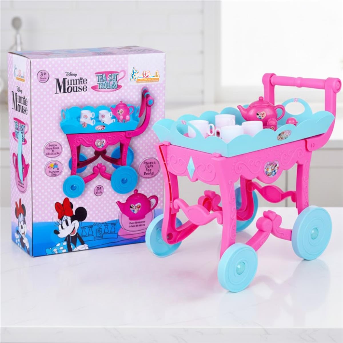 Minnie Tea Trolley Set for Kids - 32 Pcs Pretend Play Tea Party Toy with Electronic Kettle, Lights & Music - Battery Operated Educational Kitchen Set, Pink, Gift for Girls Age 3+