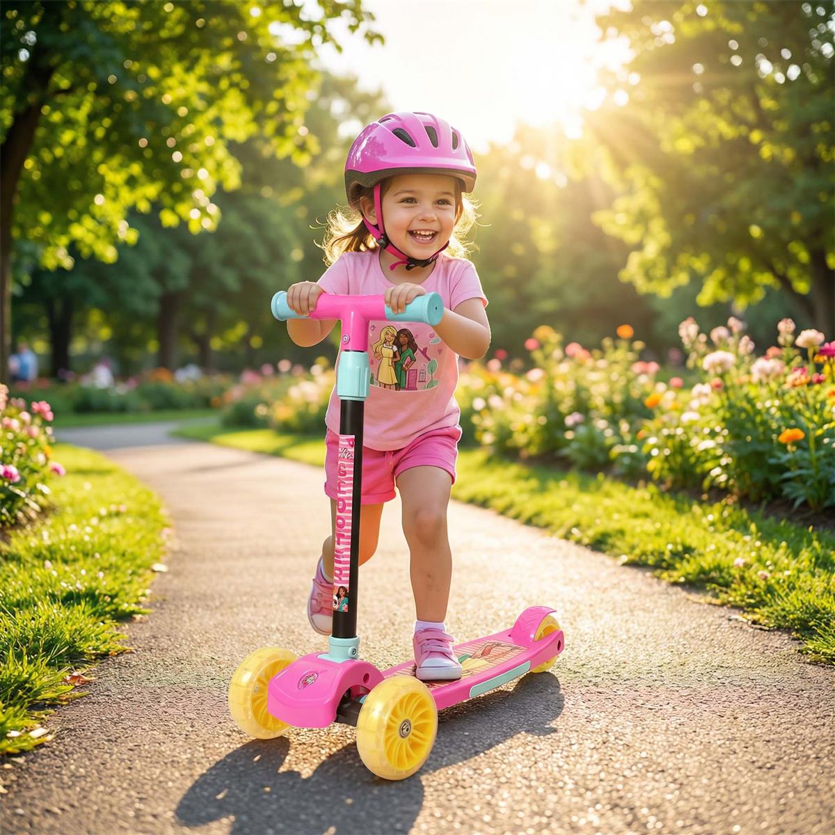 Kriiddaank Barbie Adventure 3-Wheel Kick Scooter for Kids (Ages 3-12), 5-Level Adjustable Height & Easy Fold Design, PVC Wheels, 25kg Weight Capacity, Pink