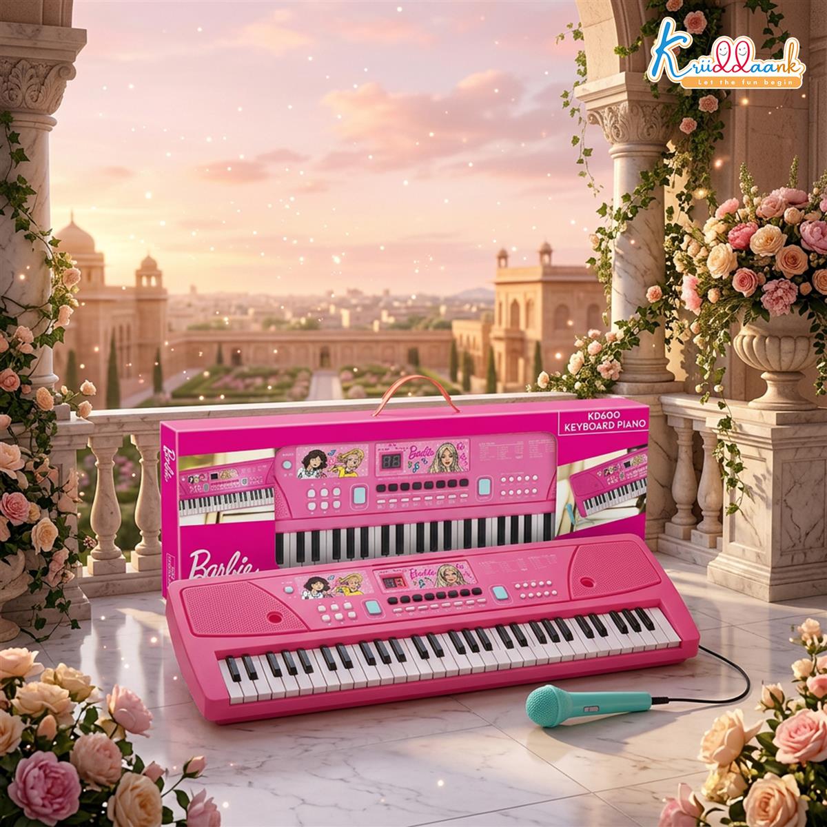 Barbie Kids Keyboard Piano - 61 Key Digital Electronic Organ for Girls with Microphone, 16 Instrument Sounds, 10 Rhythms, Dual Power (USB/Battery), Musical Educational Toy for Ages 3+ (Pink)