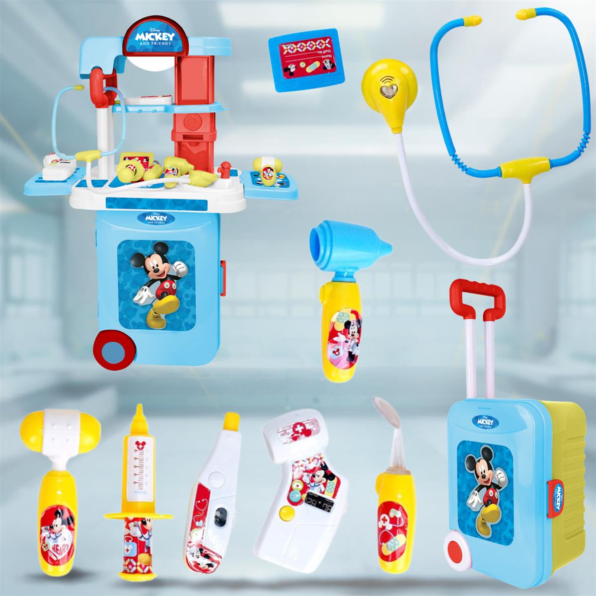 Kriiddaank Mickey Disney Doctor Set for Kids - 9 Pcs Medical Kit Trolley Toy with Lights, Educational Pretend Play for Boys & Girls Age 3+, Portable Role Play Doctor Kit Gift (Red)