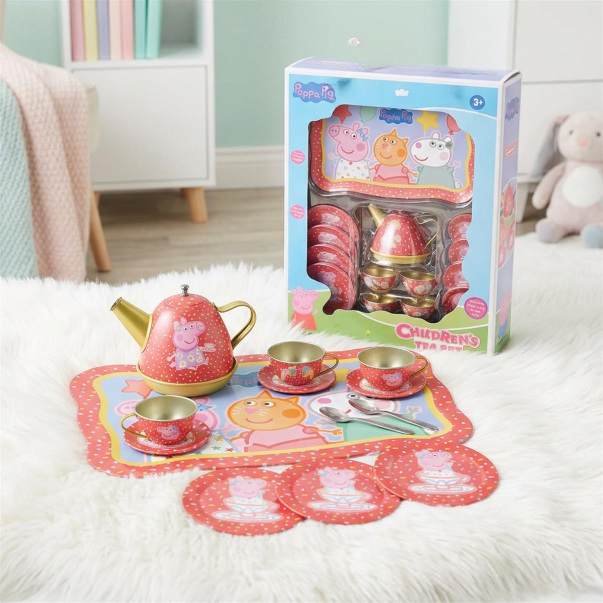 Peppa Pig 14-Piece Portable Tin Tea Set for Kids - Durable Metal Play Tea Party Set with Kettle, Cups, Saucers & Plates - Role Play Toy for Girls & Toddlers 3+ Years Old, Multicolor