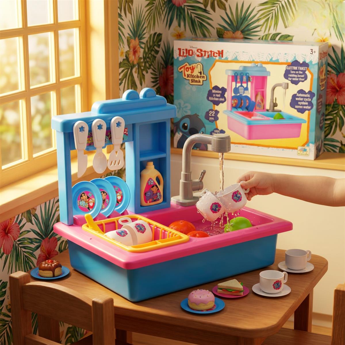 Stitch Toy Kitchen Sink Playset with Electric Faucet & Running Water - 22 Pcs Pretend Play Dish Washing Set for Kids, Kitchen Accessories, Realistic Role Play Toy for Boys & Girls 3+ Years