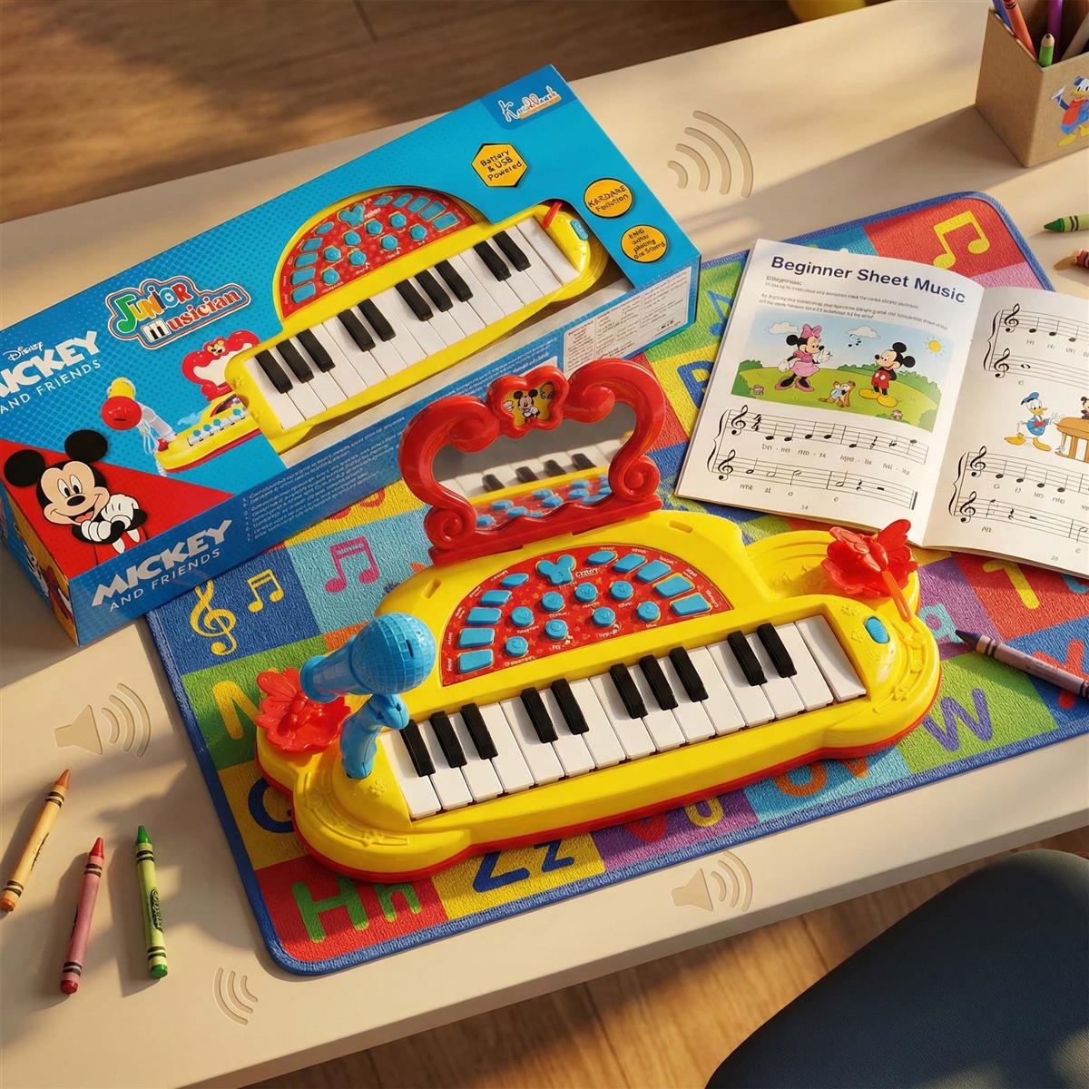 Mickey Mouse Theme Junior Musician Piano & Drum Set for Kids | Karaoke Microphone, 25 Songs & MP3 Connectivity | Early Learning Musical Toy for Toddlers 3+ | USB & Battery Powered (Red)