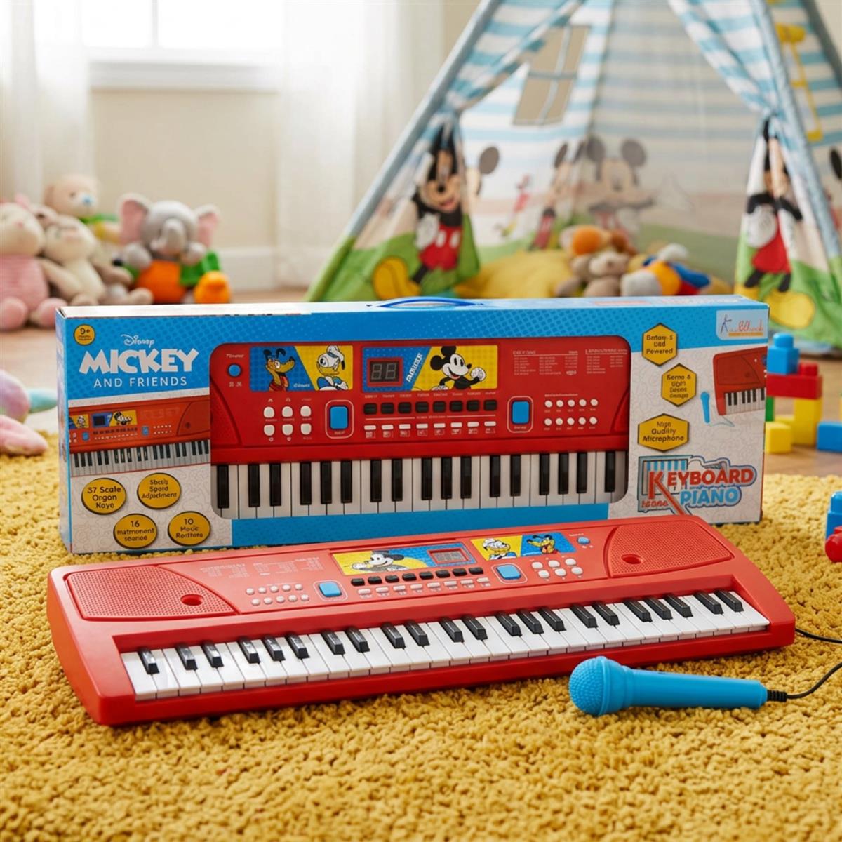 Mickey Keyboard Piano for Kids - 60 Keys Digital Piano with Microphone & USB Power - 61 Scale Organ Keys, 17 Instrument Sounds, 10 Rhythms, 6 Demo Tunes - Educational Musical Toy for Toddlers 3+