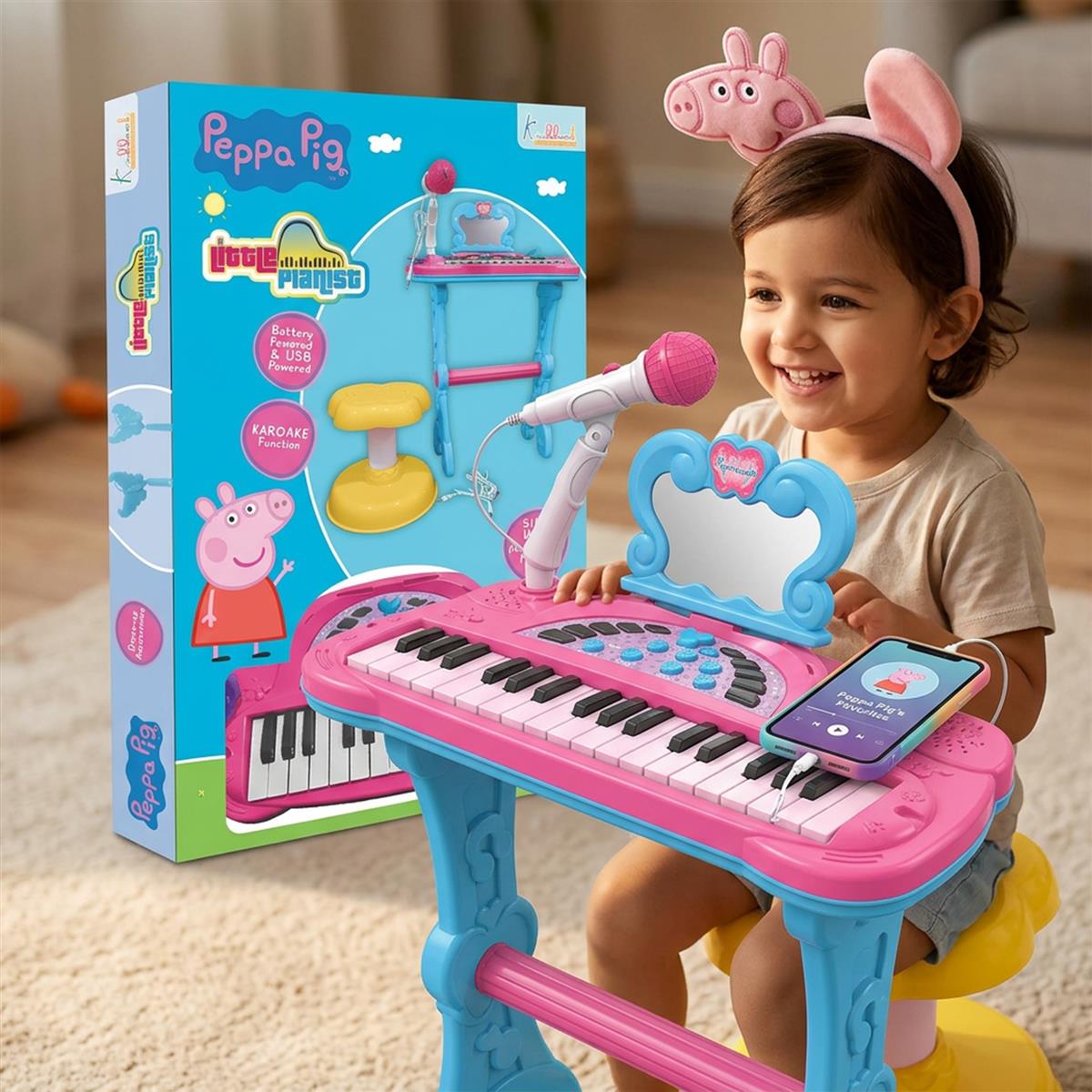 Hasbro Peppa Pig Little Pianist Keyboard with Microphone & Stool - Musical Toy for Kids 3+ - Karaoke Mode, MP3 Connection, 25 Inbuilt Tunes, Electronic Piano for Girls & Toddlers - Pink