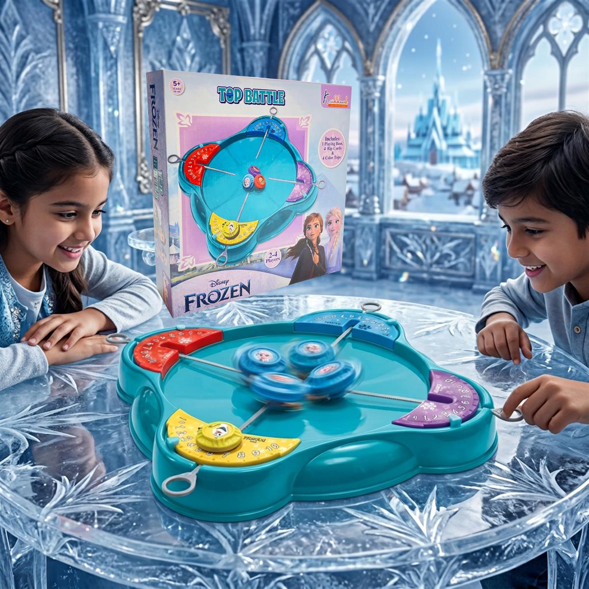 Kriiddaank Frozen Top Battle Beyblade Set for Kids - 4 Player Spinning Top Arena with Rip Cords & Color Tops - Safe, Interactive & Educational Indoor Game, Best Gift for Boys & Girls 5+ Years