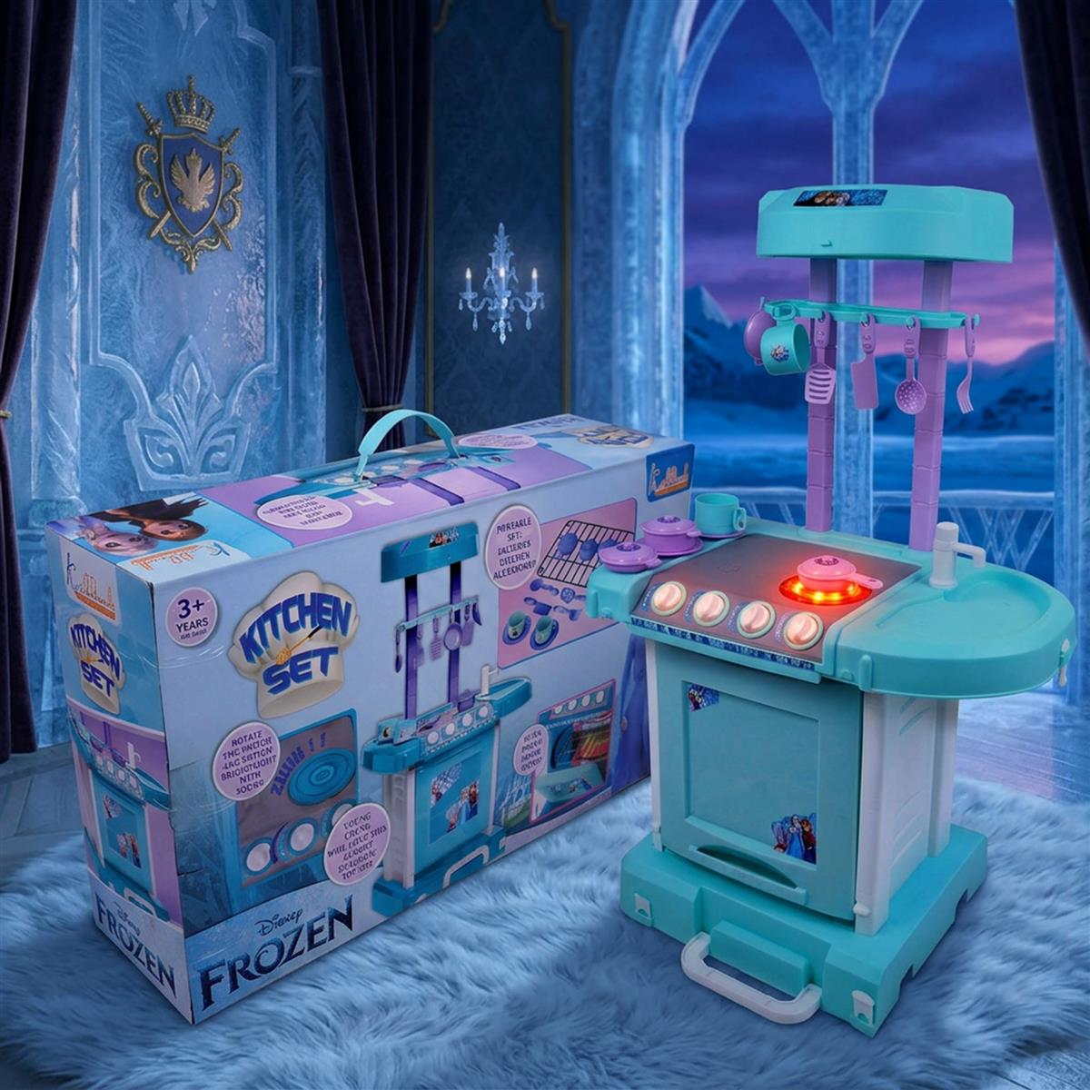 Kriiddaank Frozen Theme Kitchen Set for Kids - Interactive Cooking Playset with Oven, Sink, Lights & Sound - 18 Pcs Chef Accessories, Turkish Blue, Pretend Play Toy for Boys & Girls 3+ Years