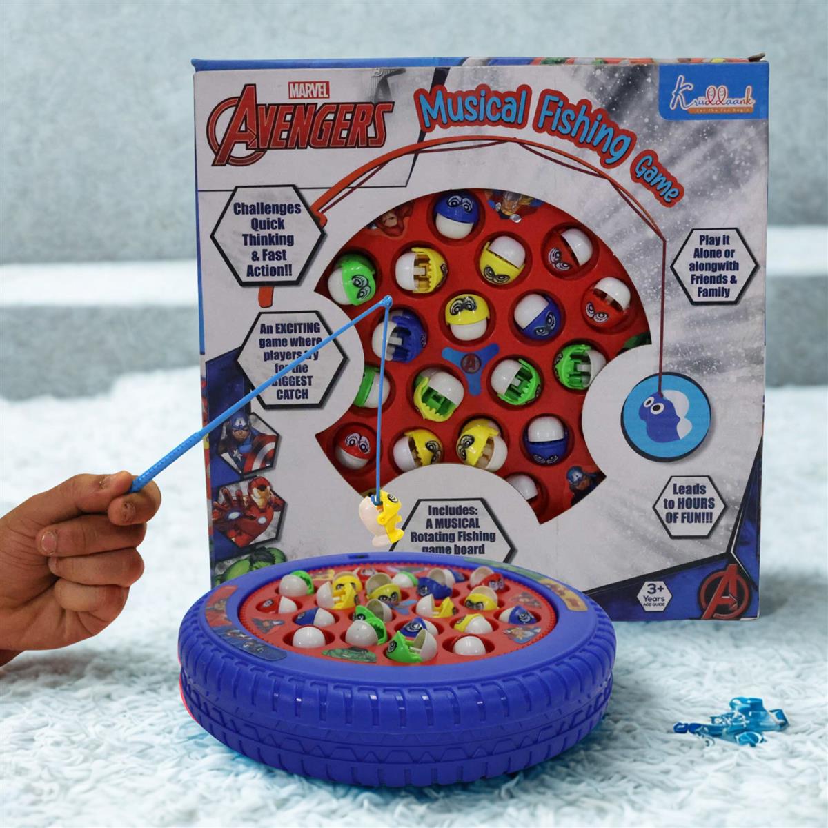 Kriiddaank Marvel Avengers Musical Fishing Game for Kids, Battery Operated Rotating Board with 21 Fishes & 4 Poles, Interactive Educational Toy for Boys & Girls Ages 3+, Red