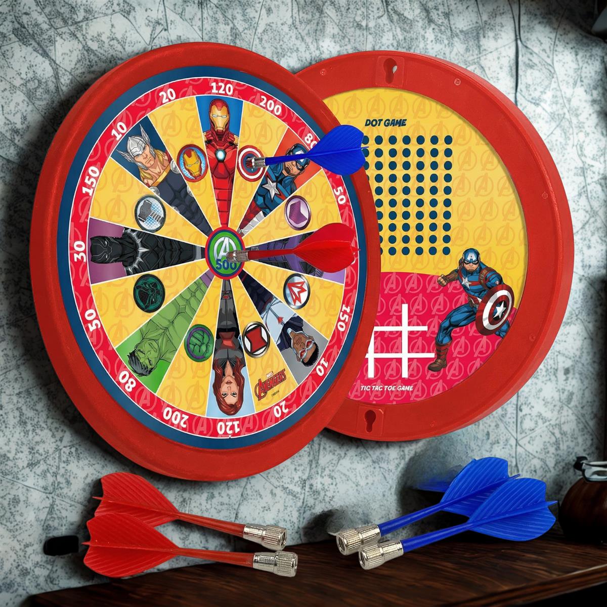 Kriiddaank Avengers 2-in-1 Double Fun Dartboard & Ludo Game for Kids - Safe Magnetic Indoor Wall Target Shooting Game, Marvel Themed Superhero Toys for Boys & Girls Age 3+, Durable MDF Board