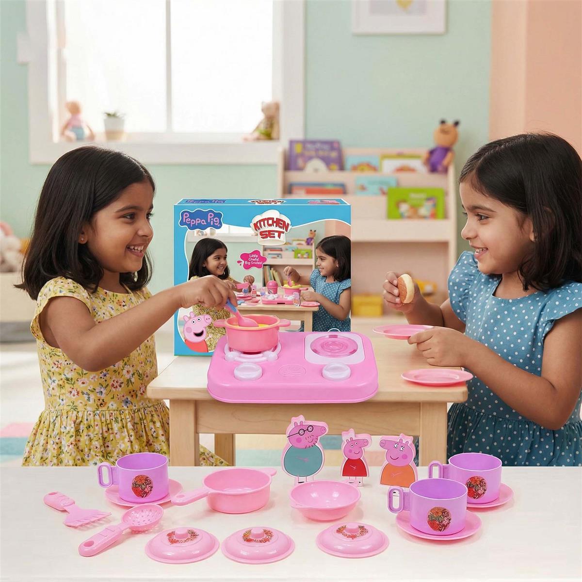 Kriiddaank Peppa Pig Inspired Kitchen Set with 2D Family Figures - 19 Pcs Pretend Play Toy for Kids Ages 3+ | Includes Peppa, George, Mummy & Daddy Pig | Battery Operated Lights, Multicolor