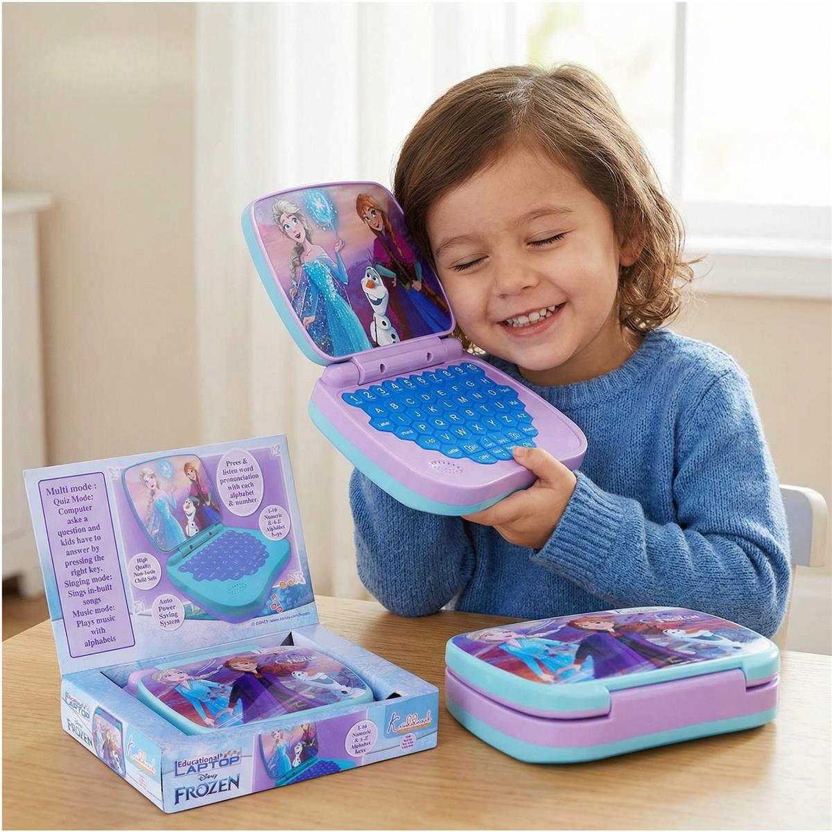 Frozen Theme Educational Laptop for Kids â€“ Screen-Free Learning Toy for Preschoolers, Interactive Alphabet & Number Pronunciation Computer, Safe & Durable Early Education Toy for Ages 3+, Turkish Blue