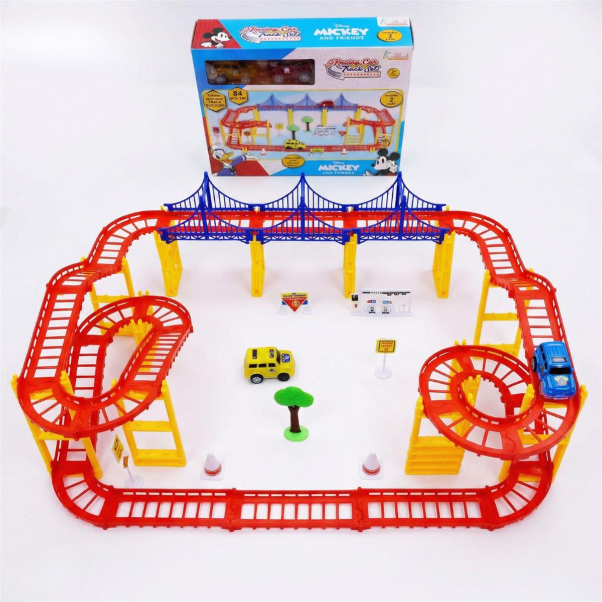 Disney Mickey Track Medium (84 Pcs) â€“ DIY Racing Track Set with 2 Cars, Bridges, Roadway Signs, Traffic Cones & Petrol Pump, Battery Operated Toy for Kids 3+ Years Old
