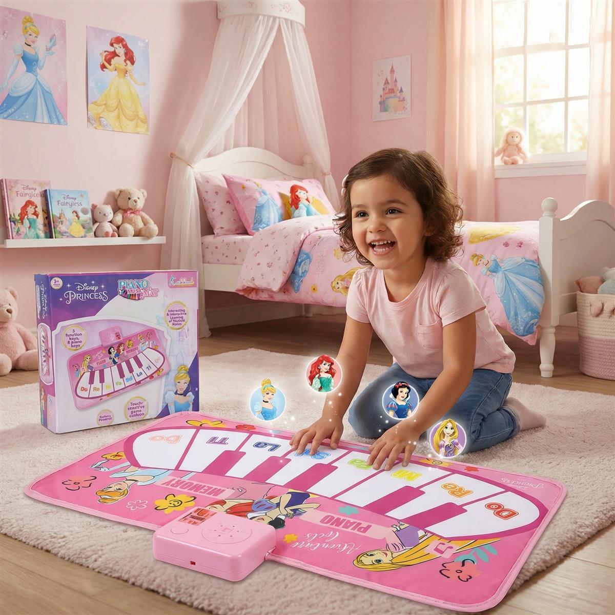 Disney Princess Portable Piano Music Mat for Kids | 8 Keys & Interactive Sounds Roll-Up Floor Mat | Educational Musical Toy for Girls 3+ Years | Lightweight & Foldable Playmat