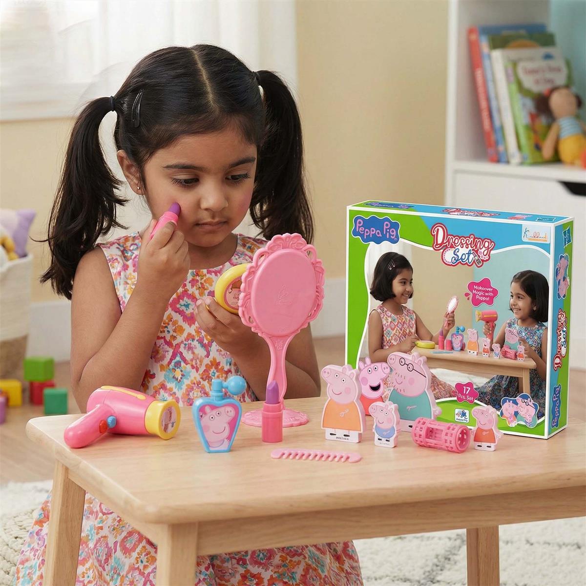 Kriiddaank Peppa Pig Dressing Table Set - 17 Pcs Beauty & Makeup Playset with 2D Family Figures (Peppa, George, Mummy & Daddy Pig) - Preschool Toy for Kids Ages 3+ - Multicolor