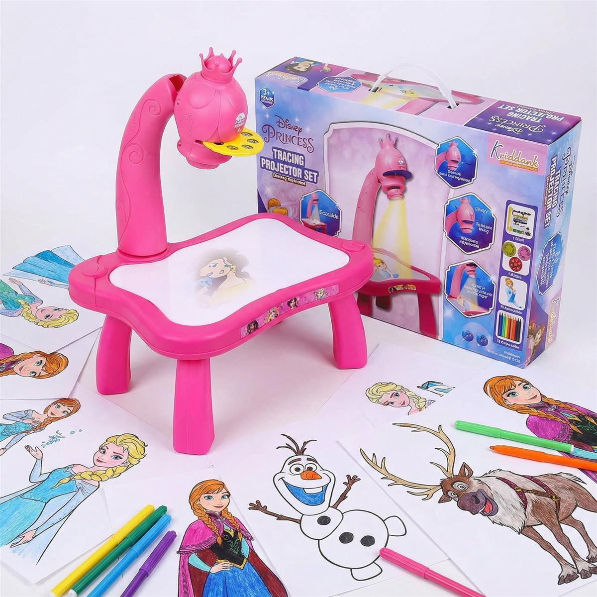 Kriiddaank Disney Princess Tracing Projector for Kids - Drawing Set with 24 Patterns, Stencils & Markers - Creative Art Toy for Girls 3+ Years, Adjustable Focus, Pink Battery Operated Drawing Desk