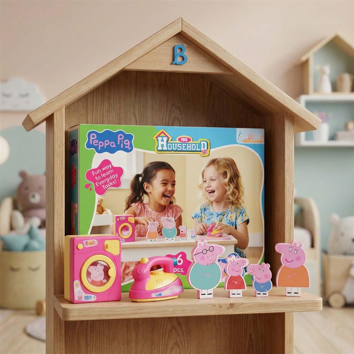Kriiddaank Peppa Pig Household Set - Washing Machine and Iron Toy with 2D Family Figures George Mummy Daddy Pig, Pretend Play Laundry Set for Preschool Kids Ages 3+, 6 Pieces