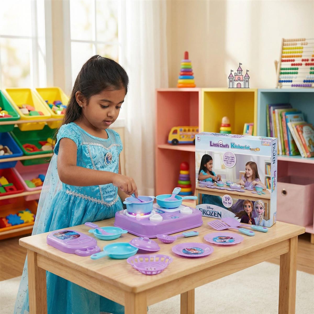 Kriiddaank Frozen Little Chef Kitchen Set for Kids - 19 Pcs Princess Theme Pretend Play Cooking Toy Set - Non-Electronic Safe Educational Kitchen Toys for Girls & Boys Ages 3+ Years