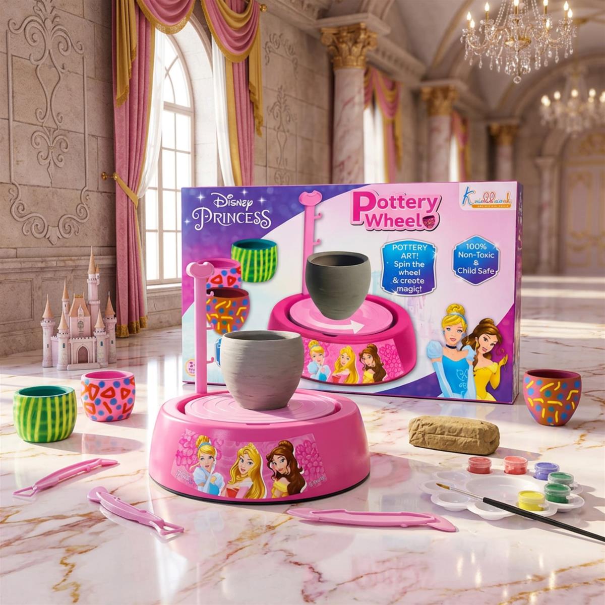Disney Princess Theme Pottery Wheel Kit - Complete Fairy Tale Clay Art & Crafts Set with 800g Clay, 6 Acrylic Paints, Sculpting Tools & Music - Creative DIY Pottery Studio for Girls 8+ Years
