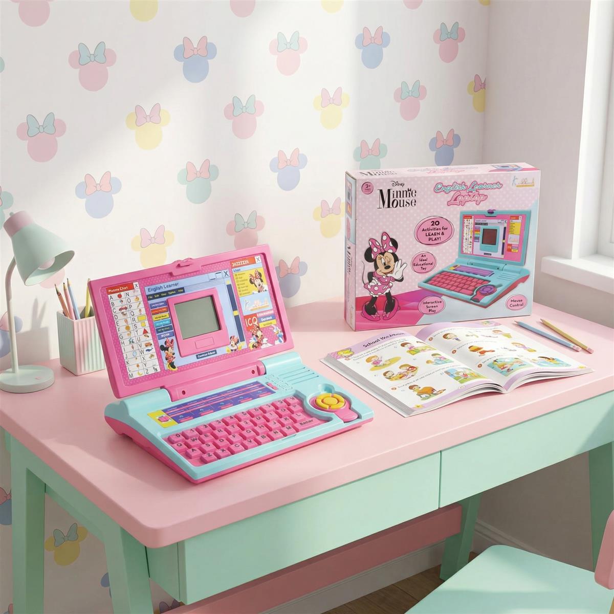 Krriiddaank Minnie Theme Educational Laptop for Kids - 20 Learning Activities for 3+ Years Girls, Interactive Toy for Alphabet, Numbers, Math, Music & Logic - Pink (ISI Certified)