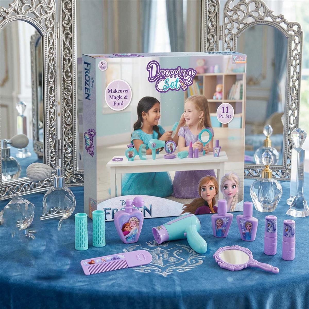 Kriiddaank Frozen Dressing Set for Kids - Non-Electronic Princess Makeup & Beauty Accessories Play Set, Styling Kit for Girls, Pretend Role Play Toy for Age 3+ Years, 11+ Pieces, Turkish Blue