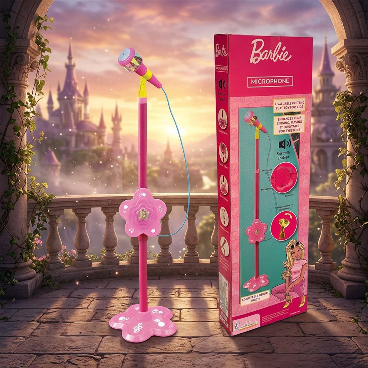 Mattel Barbie Theme Microphone - Portable Wireless Karaoke Mic with Adjustable Stand for Kids, Bluetooth & USB Connectivity, Interactive Musical Singing Toy for Girls 3+ Years, Pink