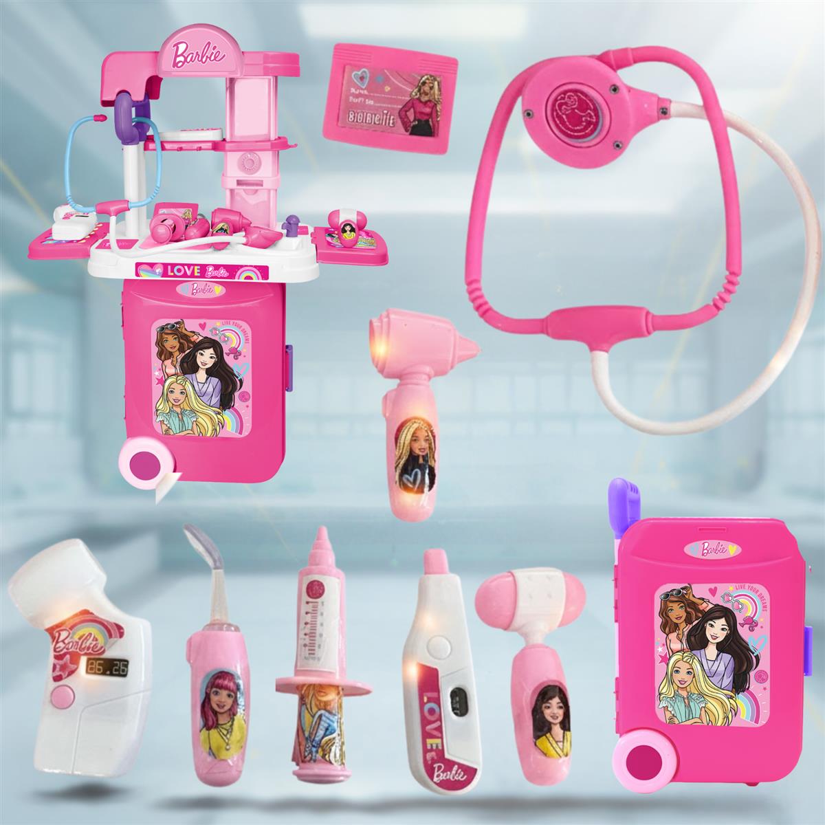 Kriiddaank Barbie Theme Doctor Set - Portable Medical Trolley Playset with Lights, 9-Piece Educational First Aid Kit for Kids 3+, Dreamhouse Role Play Toy, Best Birthday Gift for Girls - Pink