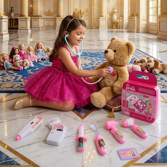 Barbie 8-Piece Doctor Set for Kids 3+ Years, Pink Medical Play Kit with Lights & Realistic Heartbeat Sounds, Non-Toxic Pretend Play Educational Toy Gift for Girls